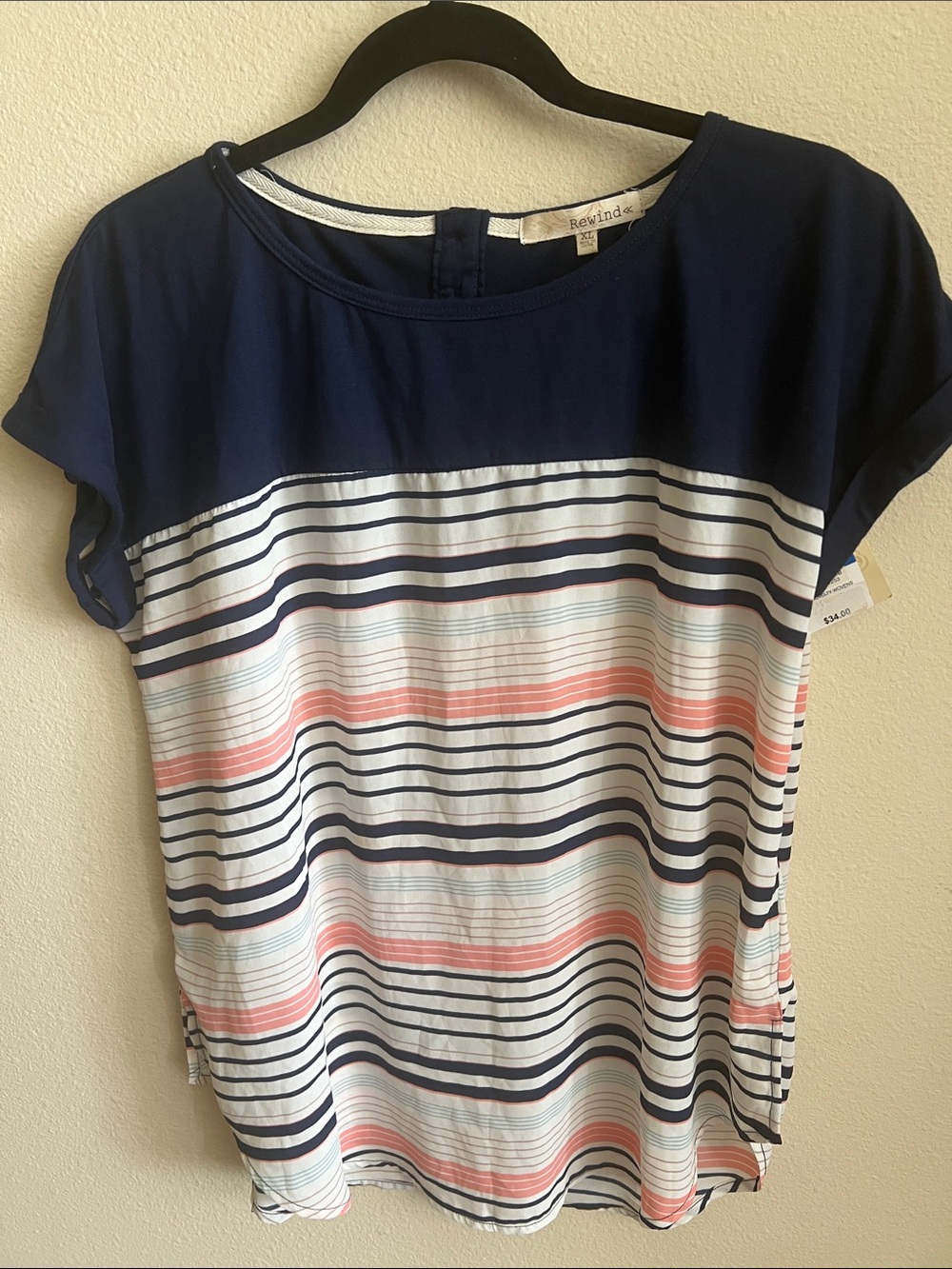 Rewind Navy Top with Coral and White Stripes